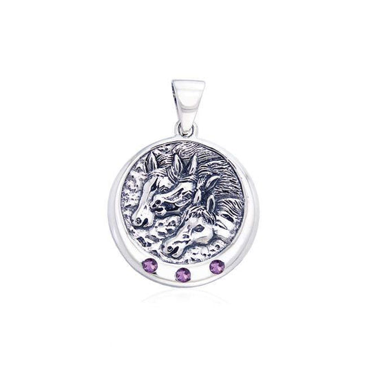 Triple Horse with Gemstone Silver Pendant TP3212