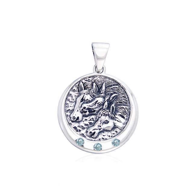 Triple Horse with Gemstone Silver Pendant TP3212