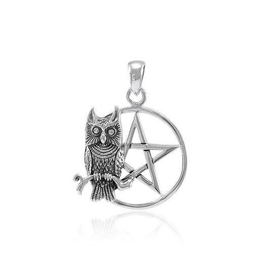 Sitting Owl with Pentagram Sterling Silver Pendant TP3320
