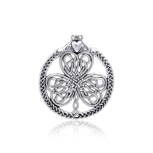 Celtic Knotwork Shamrock & Irish Claddagh Silver Pendant TP3417