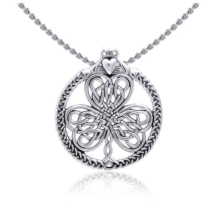 Celtic Knotwork Shamrock & Irish Claddagh Silver Pendant TP3417