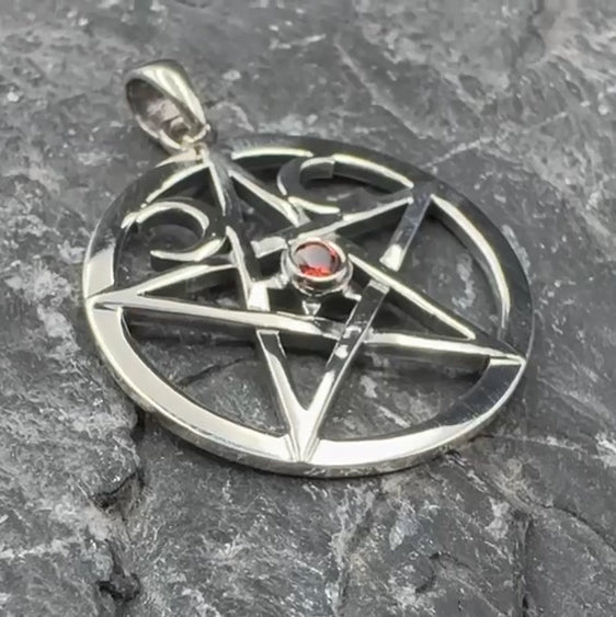 Pentacle & Crescent Moon Sterling Silver Pendant With Gem TP469