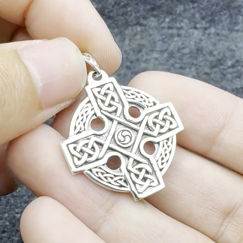 Manifest the traditional faith ~ Celtic Cross Triquetra Sterling Silver Plated over Solid Brass Pendant BTP477