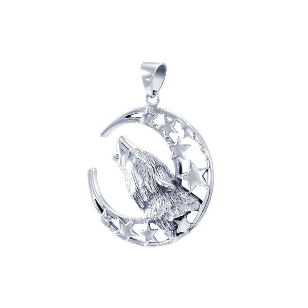 Baying wolf around the celestial beauty ~ Sterling Silver Jewelry Pendant TP831