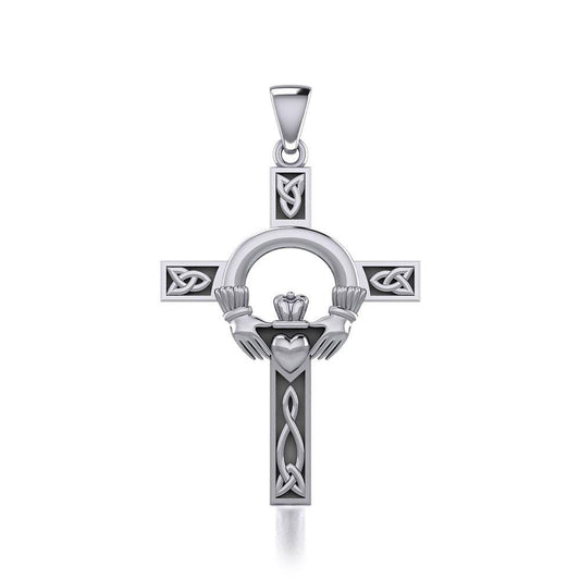 Claddagh on Celtic Knotwork Cross Silver Pendant TP832 - peterstone.dropshipping