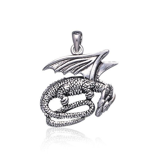 Slumbering Winged Dragon ~ Sterling Silver Jewelry Pendant TP844
