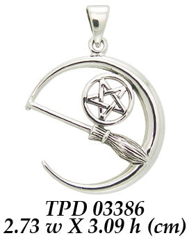 Crescent Moon Pentacle with Broom Sterling Silver Pendant TPD3386