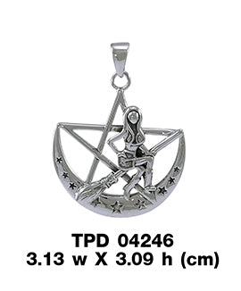 Salem Witch on Crescent Moon Pentagram Silver Pendant TPD4246