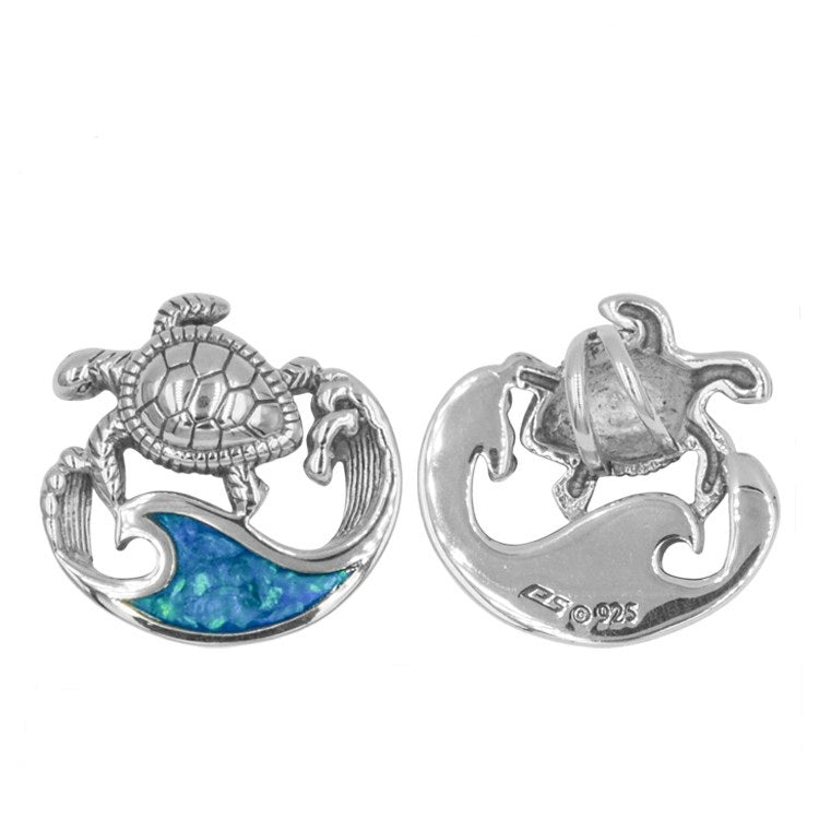 Sea Turtle And Wave Sterling Silver Pendant with Synthetic Paua Shell TPD6450