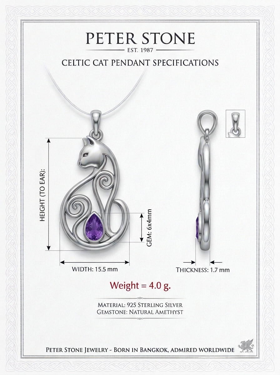 Celtic Cat Sterling Silver Pendant With Gemstone TPD6677