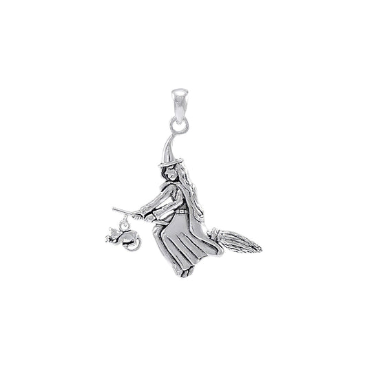A bewitching moonlight ride Witch on Broomstick Sterling Silver Pendant TPD088*