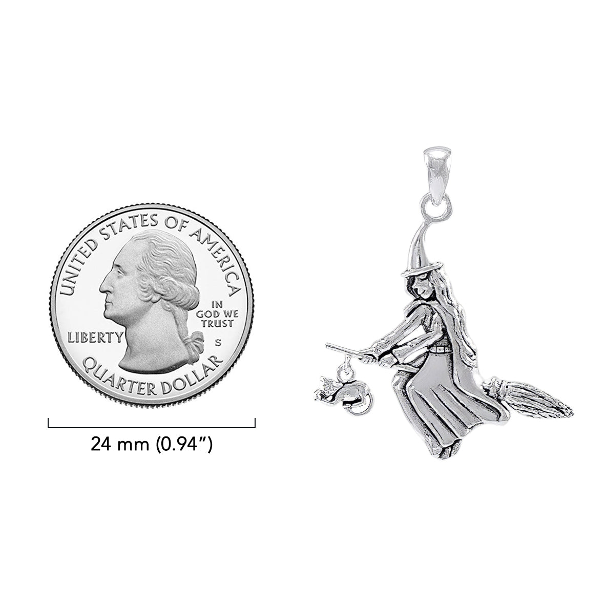 A bewitching moonlight ride Witch on Broomstick Sterling Silver Pendant TPD088*