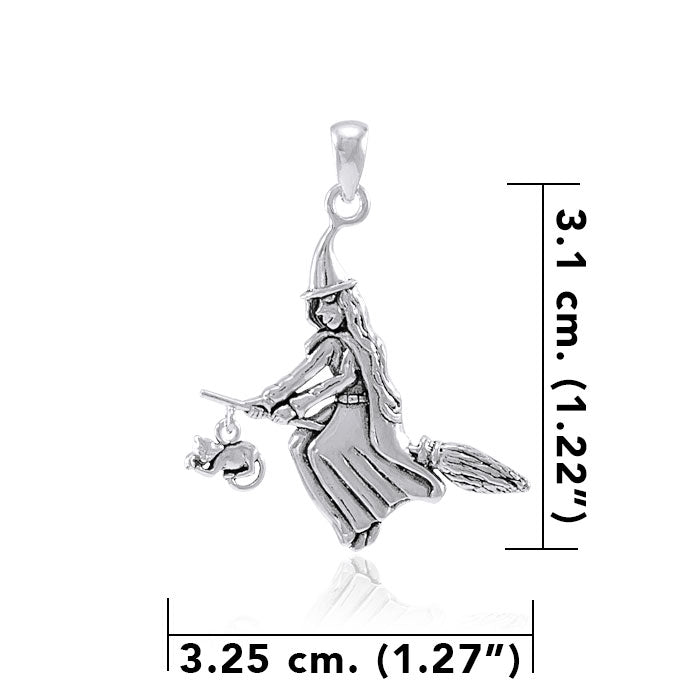 A bewitching moonlight ride ~ Witch on Broomstick Sterling Silver Pendant TPD088
