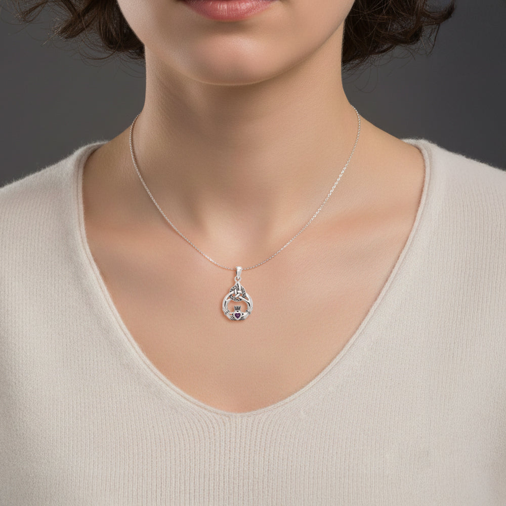 Celtic Triquetra with Claddagh Sterling Silver Pendant With Gem TPD2241