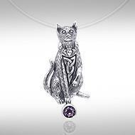 Live in a meaningful curiosity ~ Celtic Knotwork Cat Sterling Silver Jewelry Pendant with Gemstone TPD330