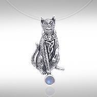 Live in a meaningful curiosity ~ Celtic Knotwork Cat Sterling Silver Pendant with Gemstone TPD330