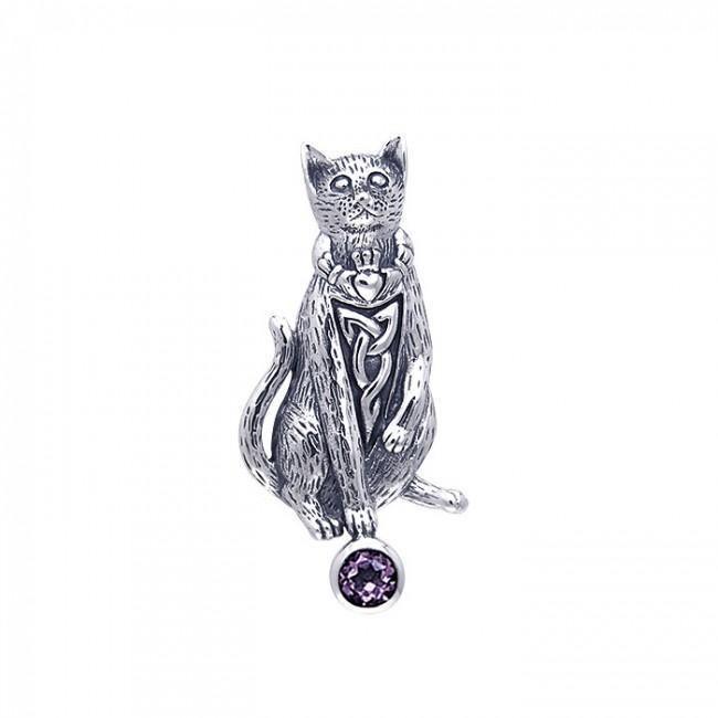 Live in a meaningful curiosity ~ Celtic Knotwork Cat Sterling Silver Jewelry Pendant with Gemstone TPD330