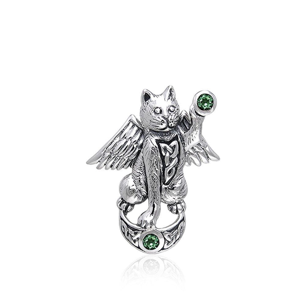Celtic Cat Angel Moon Sterling Silver Pendant With Gem TPD342