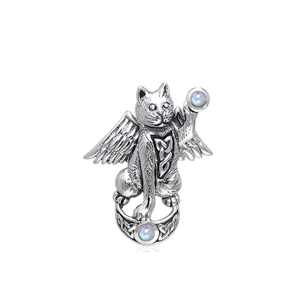 Celtic Cat Angel Moon Sterling Silver Pendant With Gem TPD342
