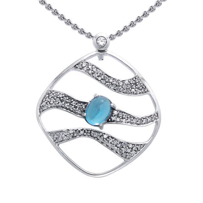 Contemporary Silver Pendant with Wave Motif Gemstone TPD3493