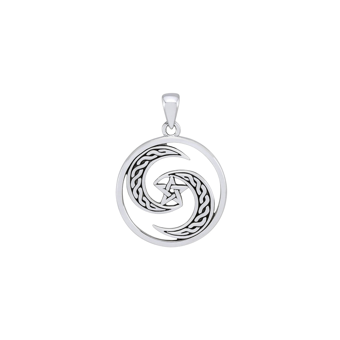 Pentagram on Crescent Moon Sterling Silver Pendant TPD4237