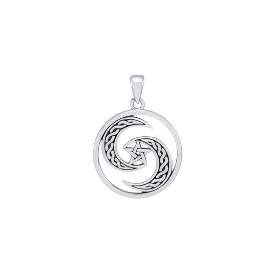 Pentagram on Crescent Moon Sterling Silver Pendant TPD4237