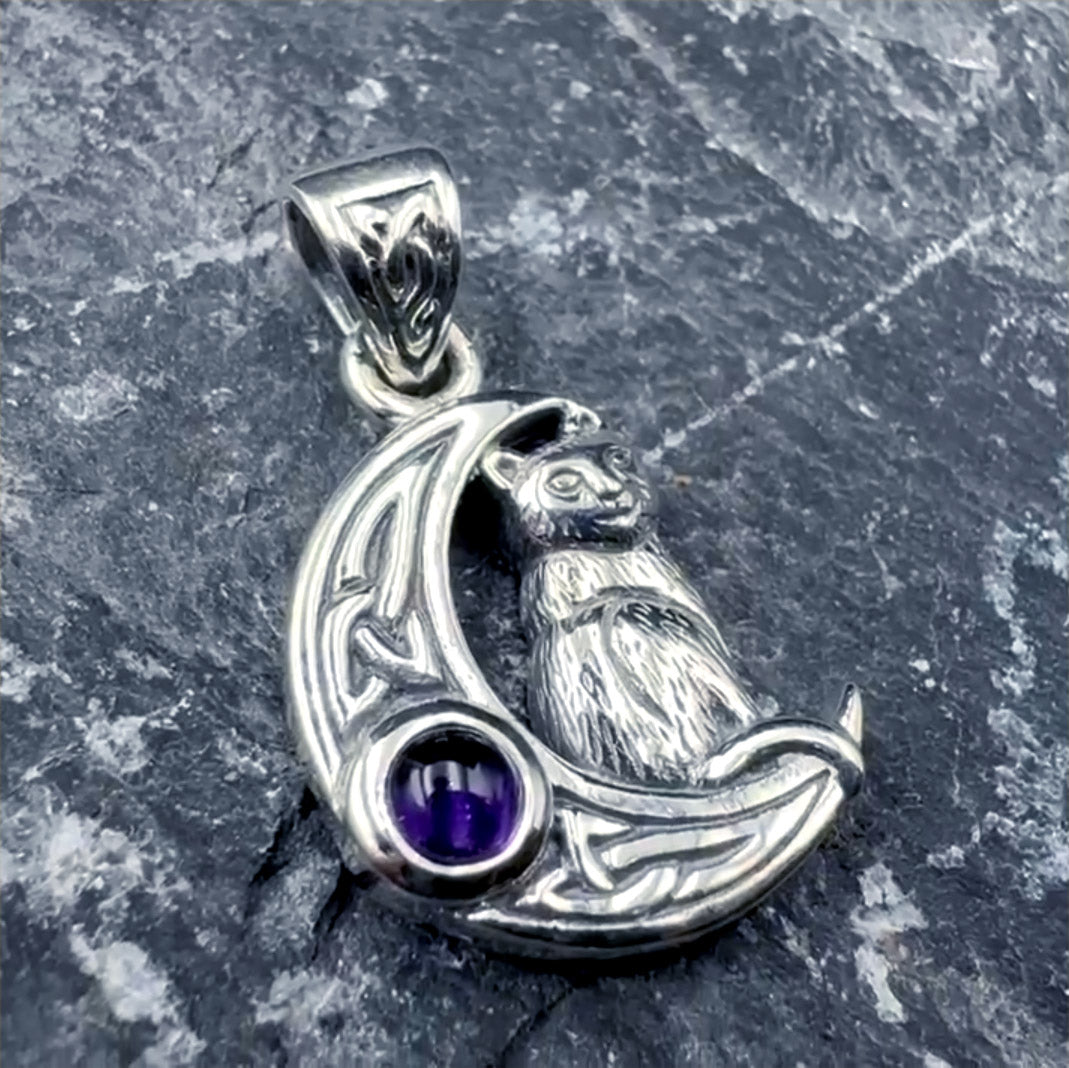 Cat with Celtic Crescent Moon Sterling Silver Pendant TPD4289