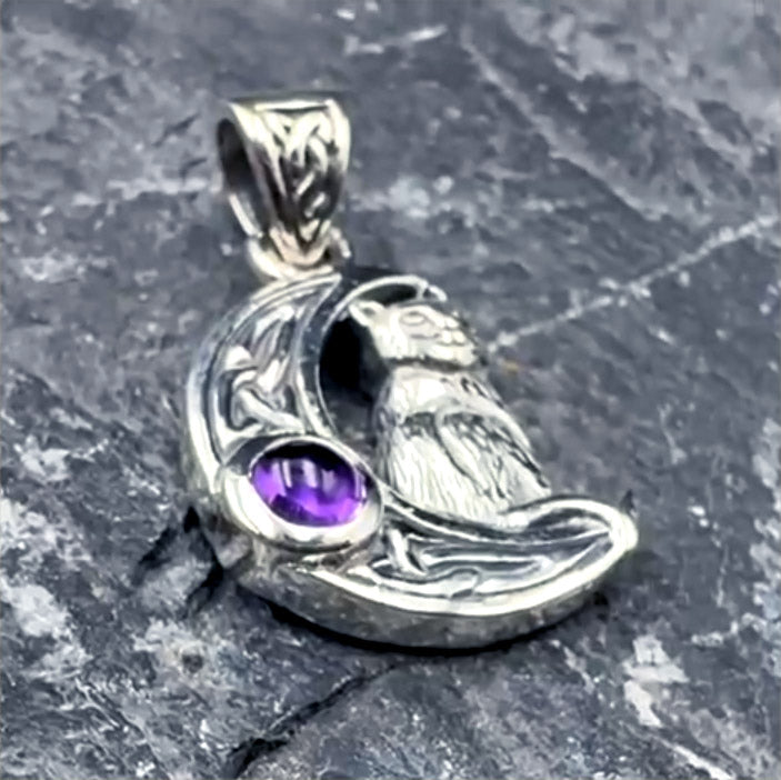 Cat with Celtic Crescent Moon Sterling Silver Pendant TPD4289