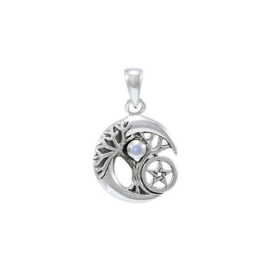 Crescent Moon Tree of Life with Pentacle Silver Pendant TPD4311