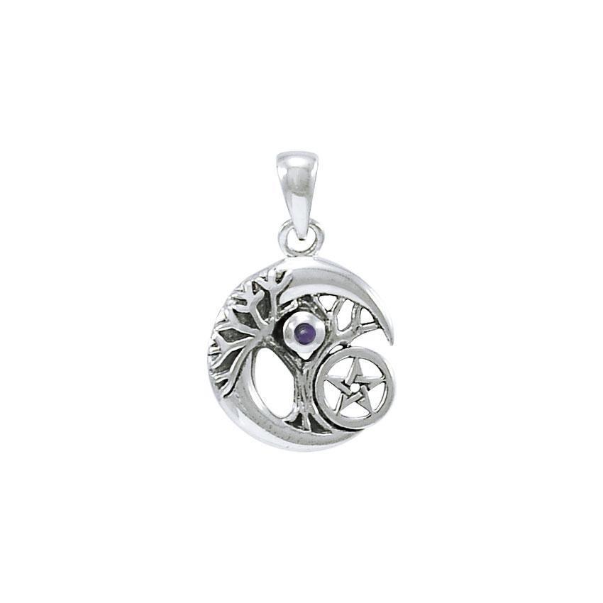 Crescent Moon Tree of Life with Pentacle Silver Pendant TPD4311