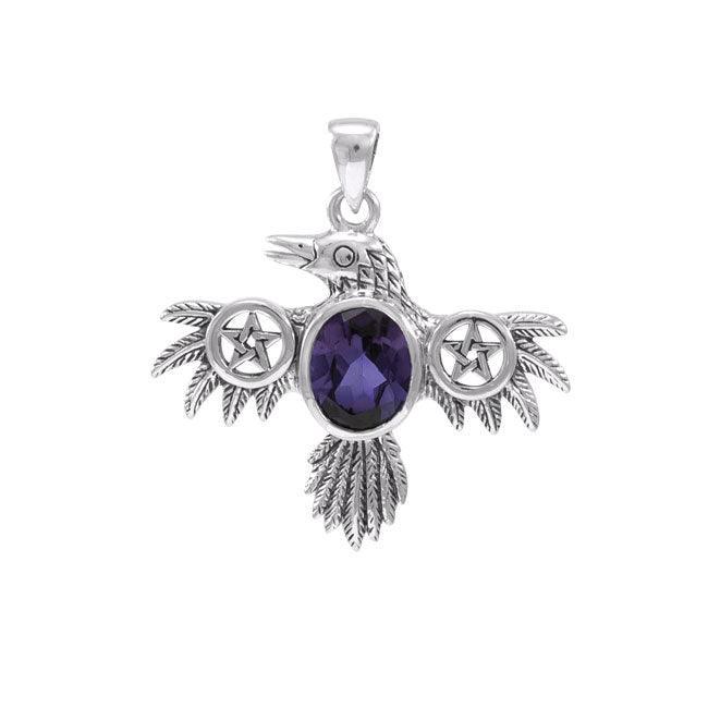 The Silver Raven Pendant with a Pentacle at the Wing and an Oval Gemstone TPD4332