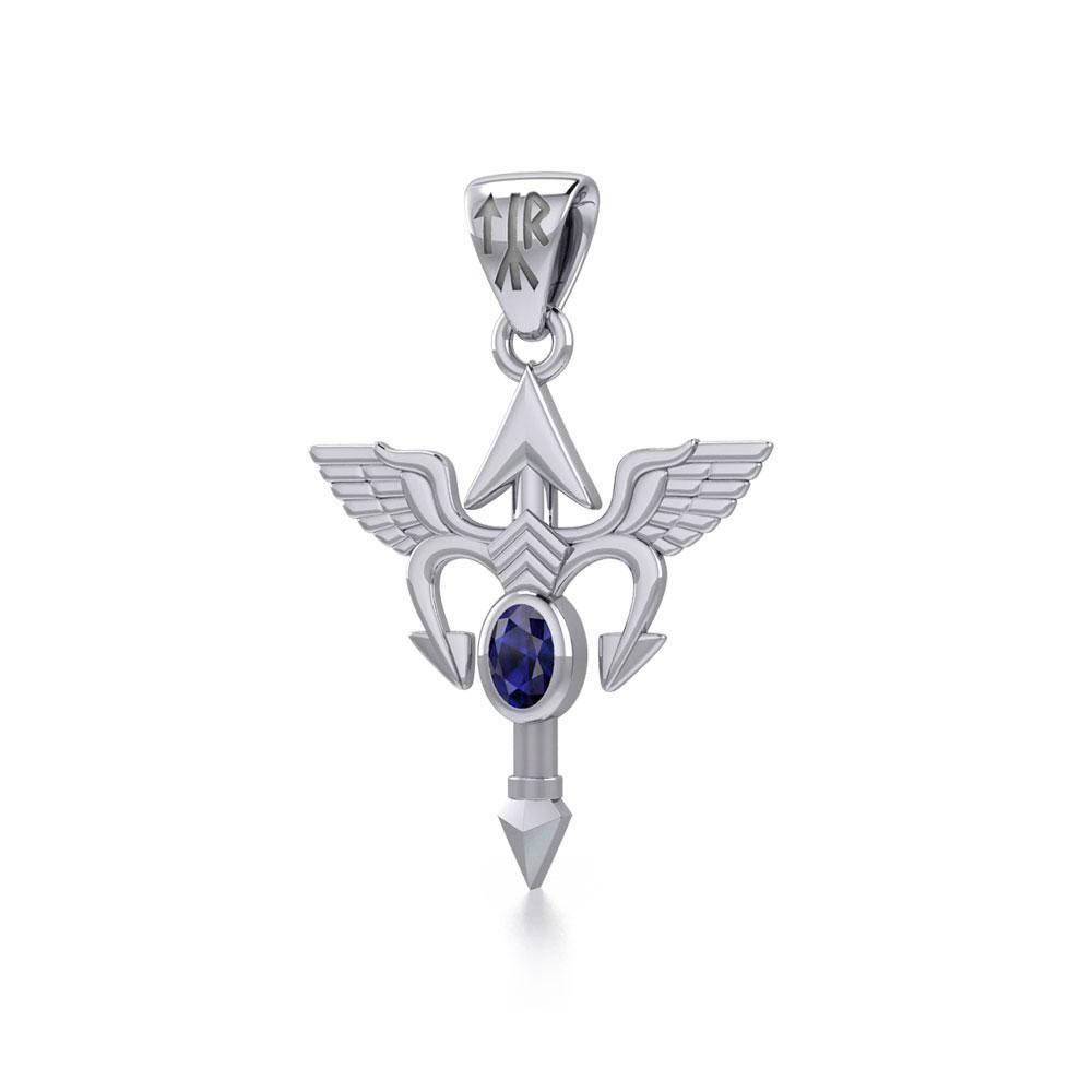 Viking Rune Tyr God Silver Pendant with Gemstone TPD4392