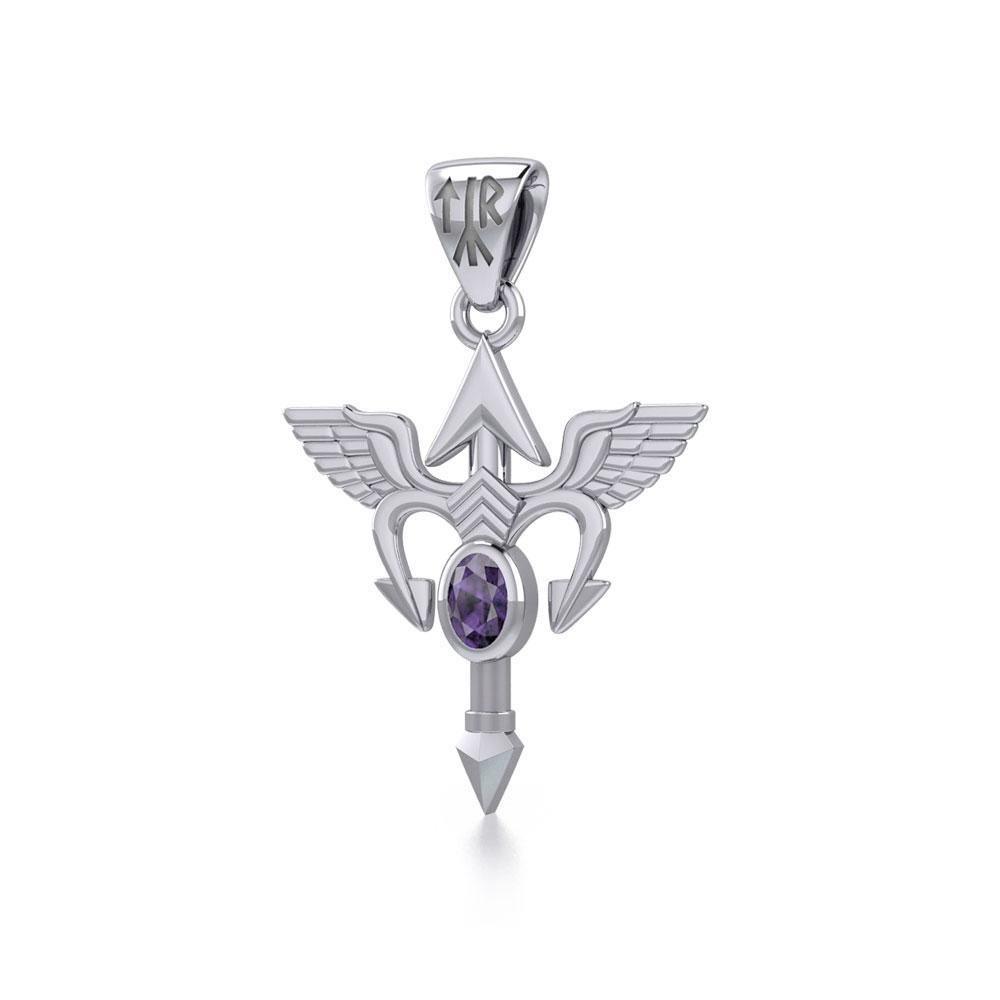 Viking Rune Tyr God Silver Pendant with Gemstone TPD4392