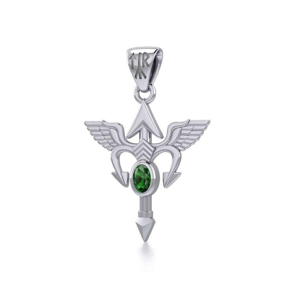 Viking Rune Tyr God Silver Pendant with Gemstone TPD4392