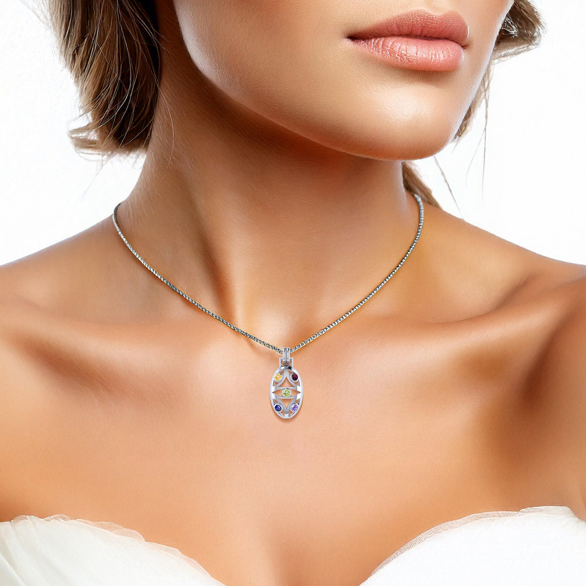 Oval Flower Of Life Sterling Silver Pendant With Gem TPD440