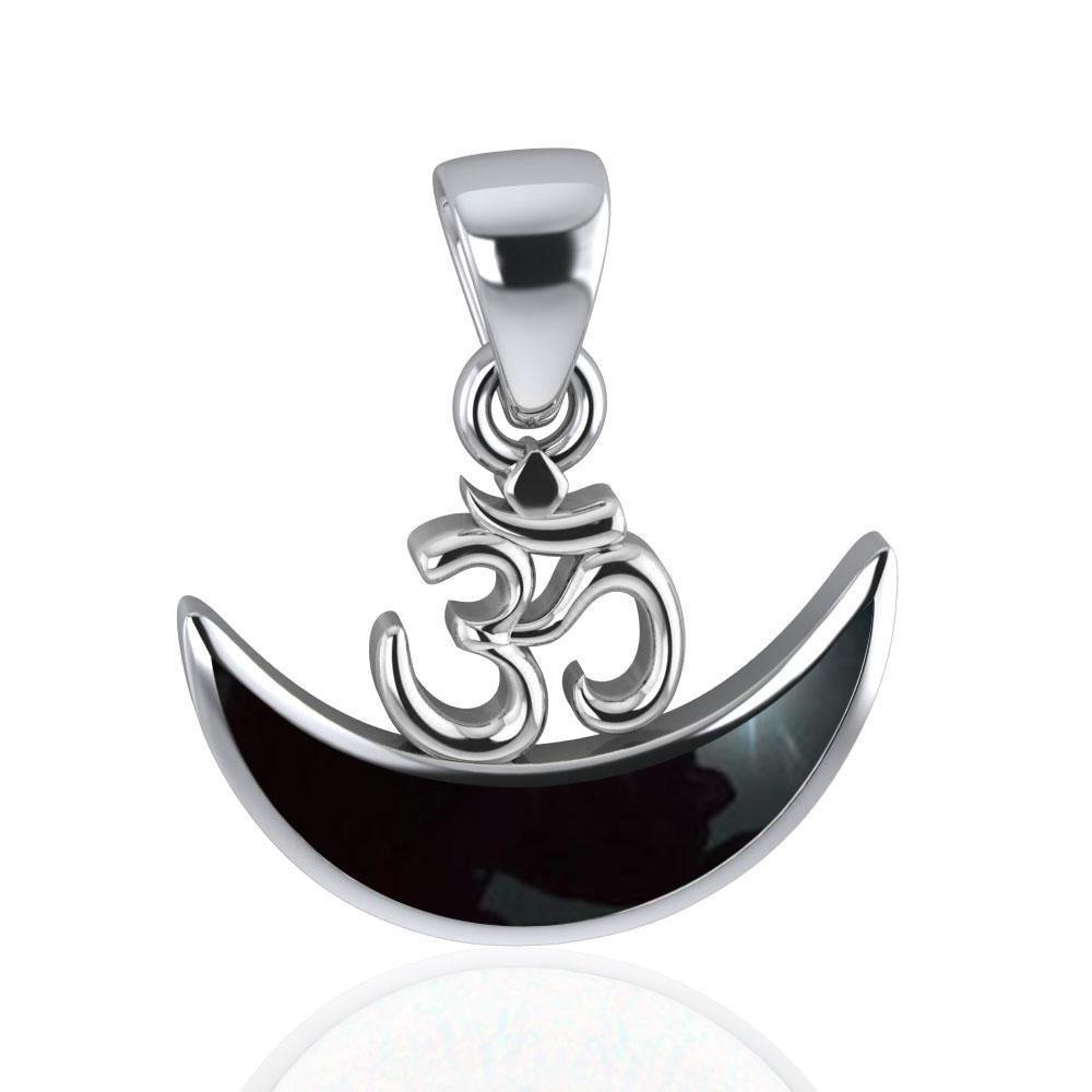 Om Symbol with inlaid Crescent Moon Sterling Silver Pendant TPD4953