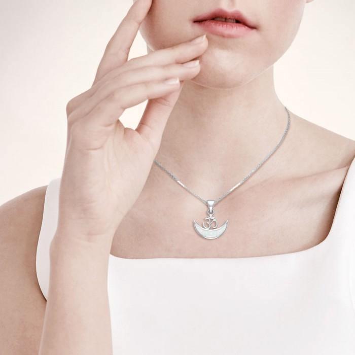 Om Symbol with inlaid Crescent Moon Sterling Silver Pendant TPD4953