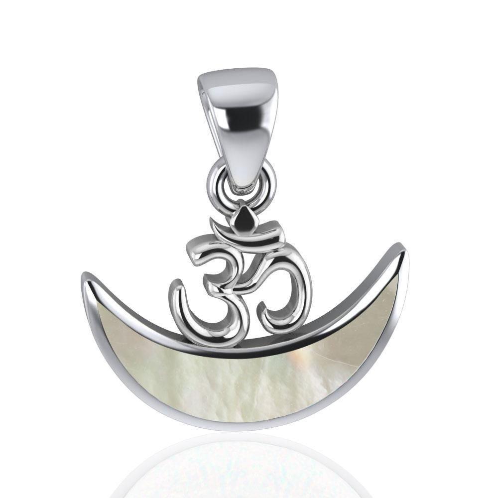 Om Symbol with inlaid Crescent Moon Sterling Silver Pendant TPD4953