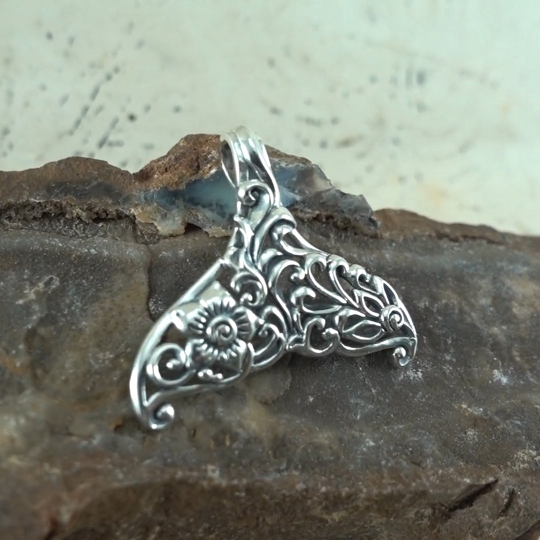 The graceful tale ~ Whale Tail Filigree Sterling Silver Pendant TPD5145