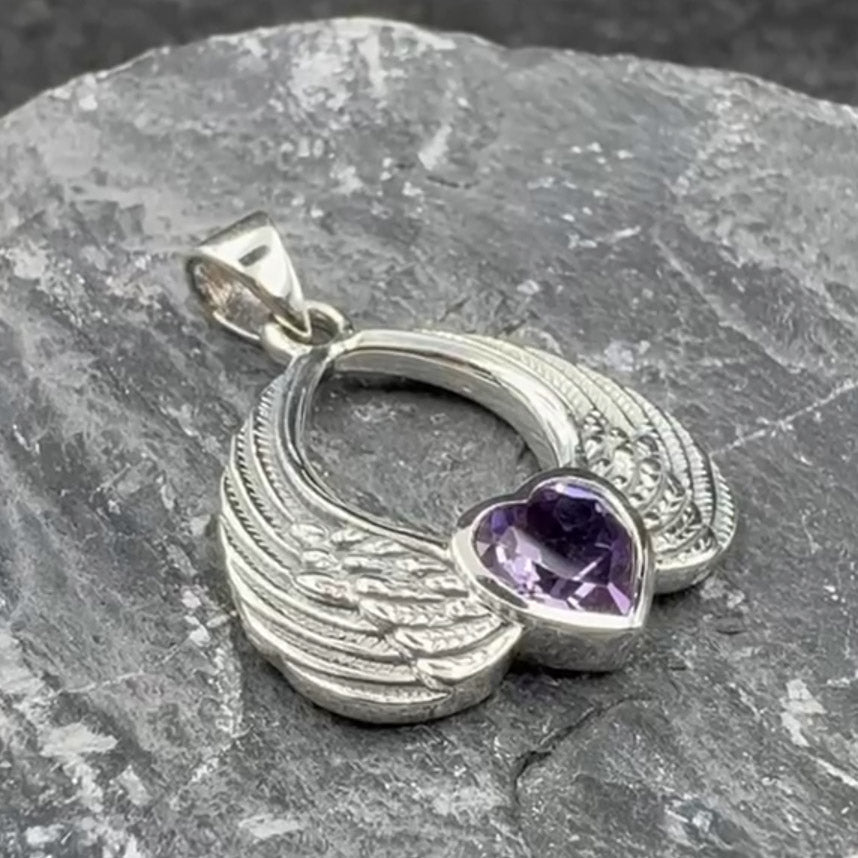 Gemstone Heart Angel Wings Silver Pendant TPD5169