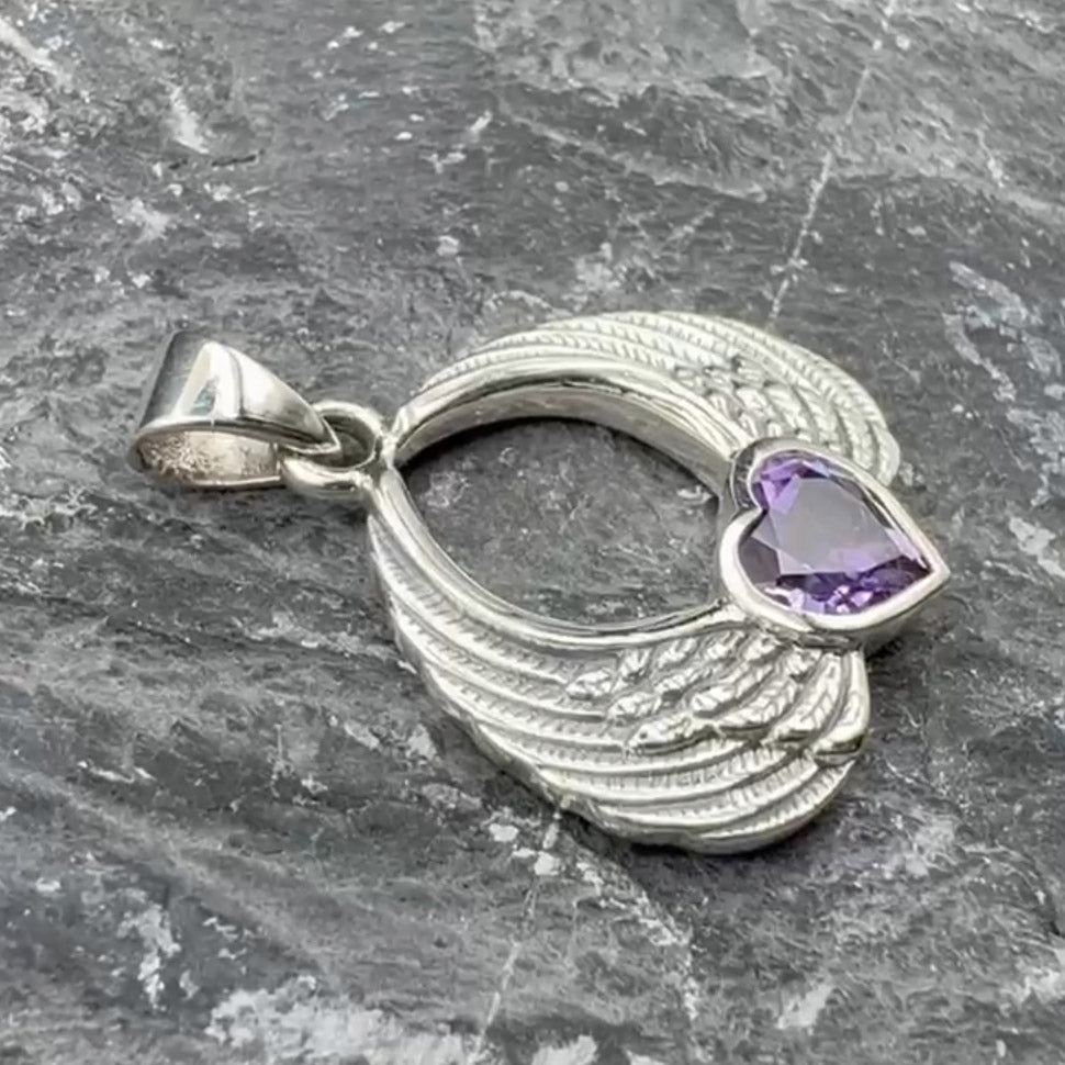 Gemstone Heart Angel Wings Silver Pendant TPD5169