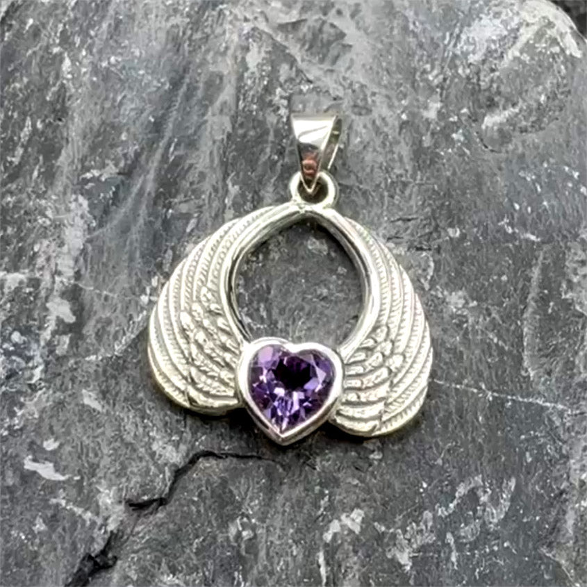 Gemstone Heart Angel Wings Silver Pendant TPD5169