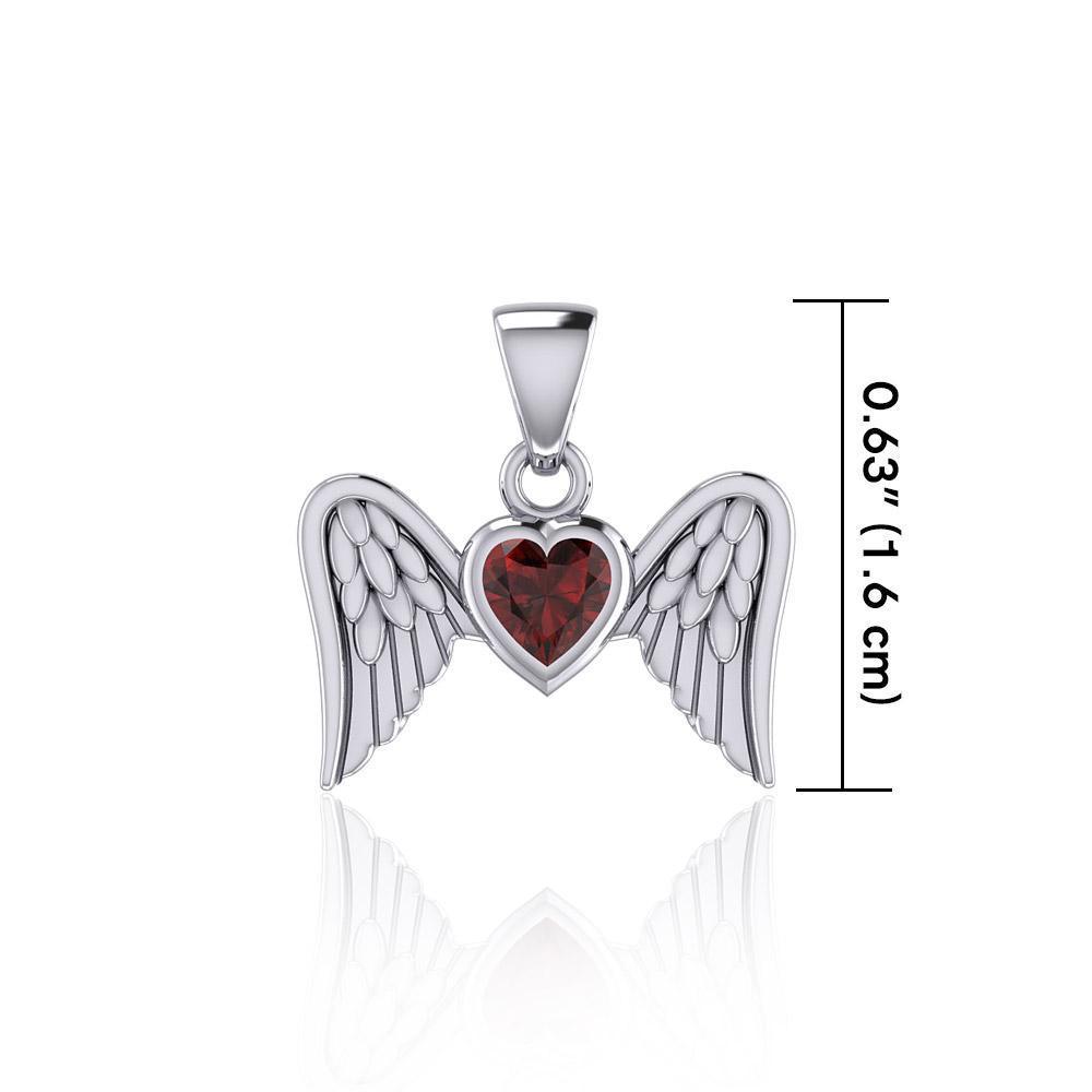 Gemstone Heart and Flying Angel Wings Silver Pendant TPD5228