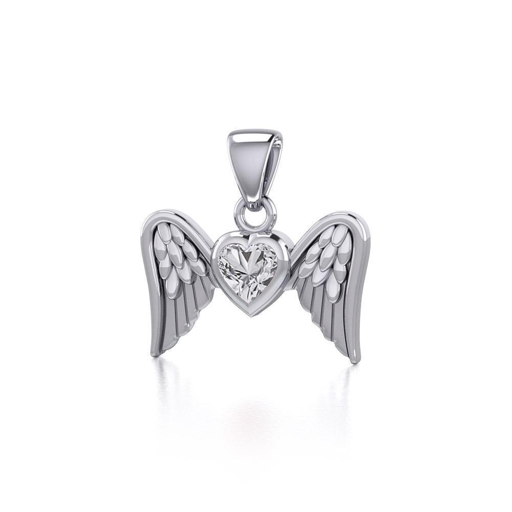 Gemstone Heart and Flying Angel Wings Silver Pendant TPD5228