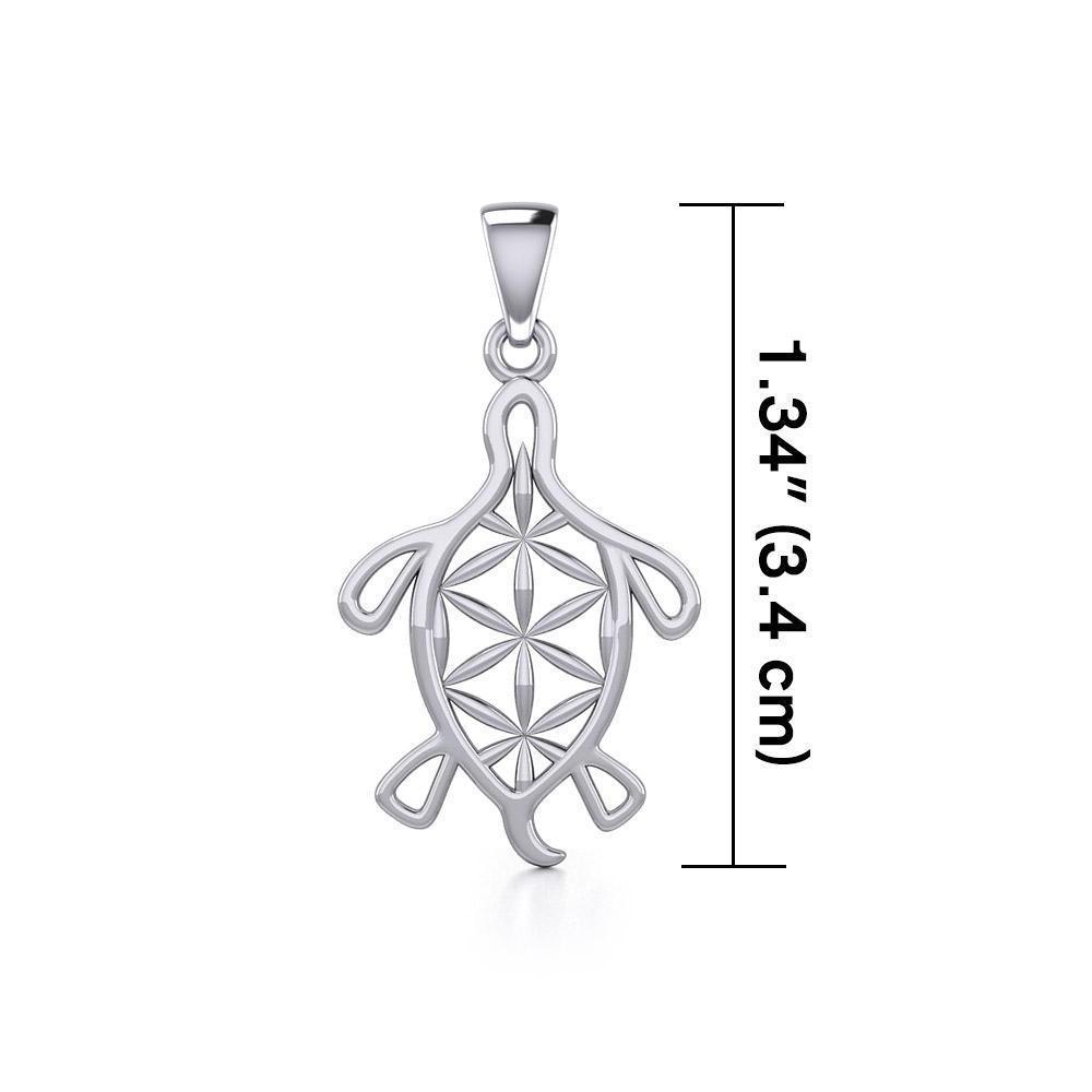 Turtle with Flower of Life Shell Silver Pendant TPD5271