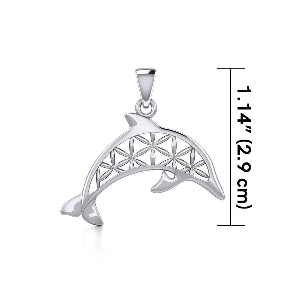 Swimming Dolphin with Flower of Life Silver Pendant TPD5272