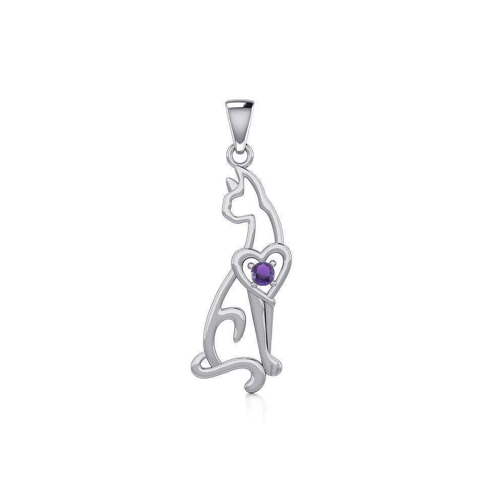 Lovely Heart Cat Silver Pendant with Gem TPD5273