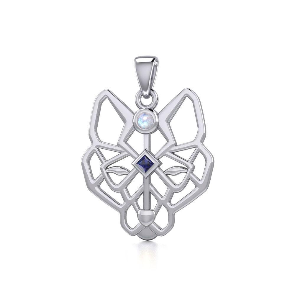 Geometric Wolf Silver Pendant with Gemstone TPD5276