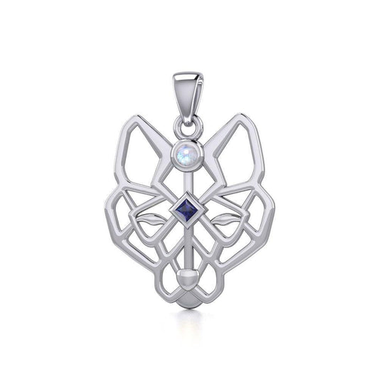 Geometric Wolf Silver Pendant with Gemstone TPD5276