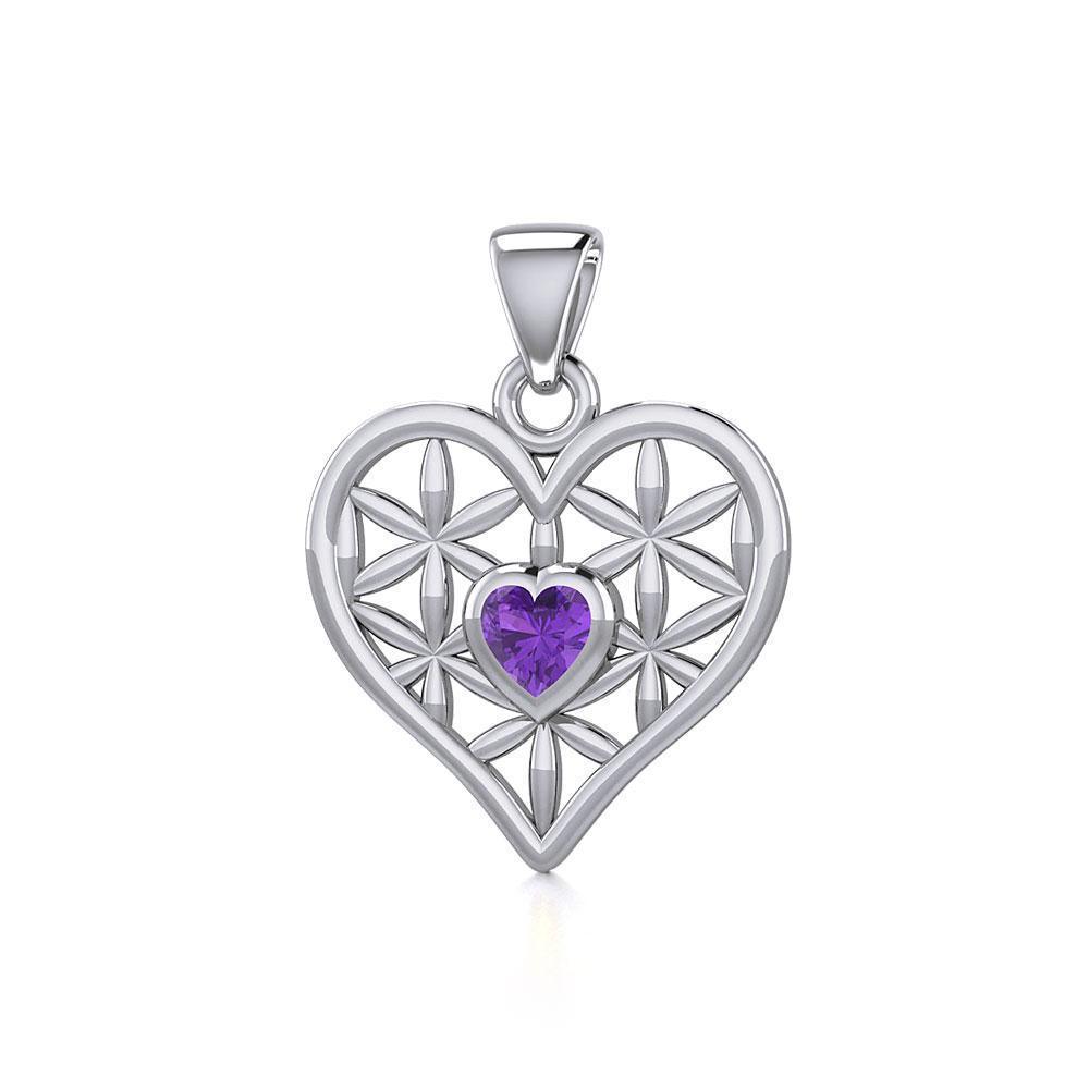 Silver Geometric Heart Flower of Life Pendant with Gemstone TPD5282